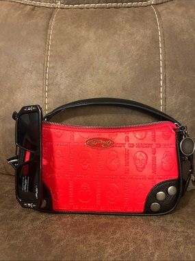 Ed Hardy Red Embossed Skull Shoulder Bag with Sunglasses. 🕶️
